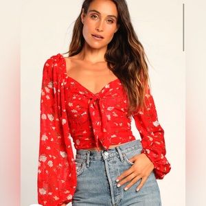 Flower Source Red Floral Print Tie-Front Long Sleeve Top